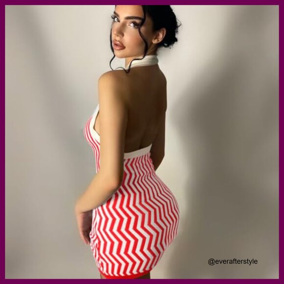 Polyester+Spandex Halter Mini Dress Backless V-Neck Bodycon Sundress - Picture 2 of 7